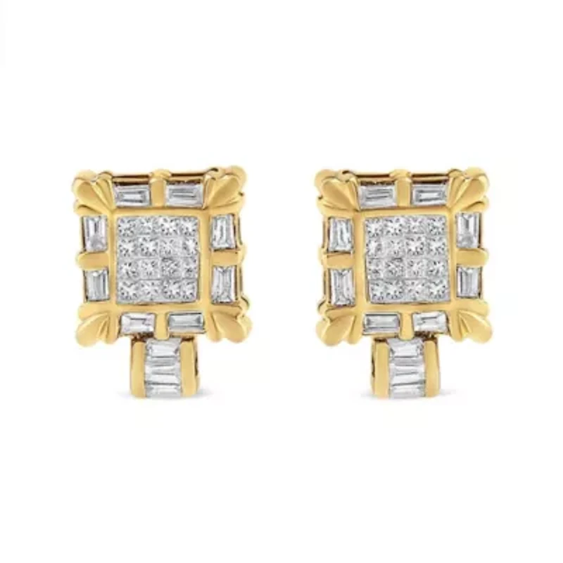 14K Yellow Gold 7/8 Cttw Diamond Huggie Hoop Omega Earrings