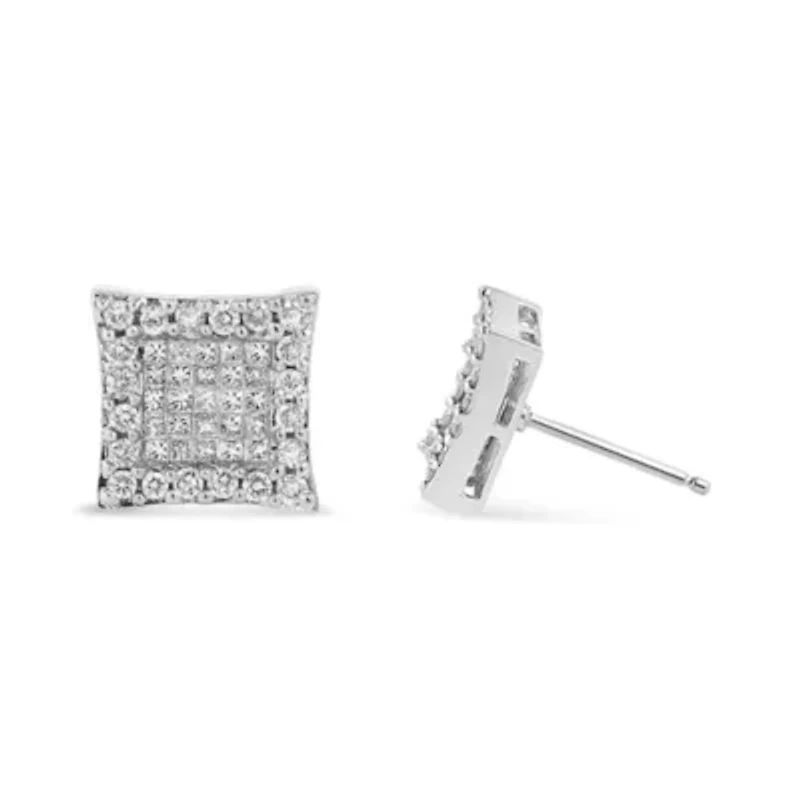 18K White Gold 1.00 Cttw Diamond Halo Square Stud Earring