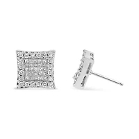 18K White Gold 1.00 Cttw Diamond Halo Square Stud Earring