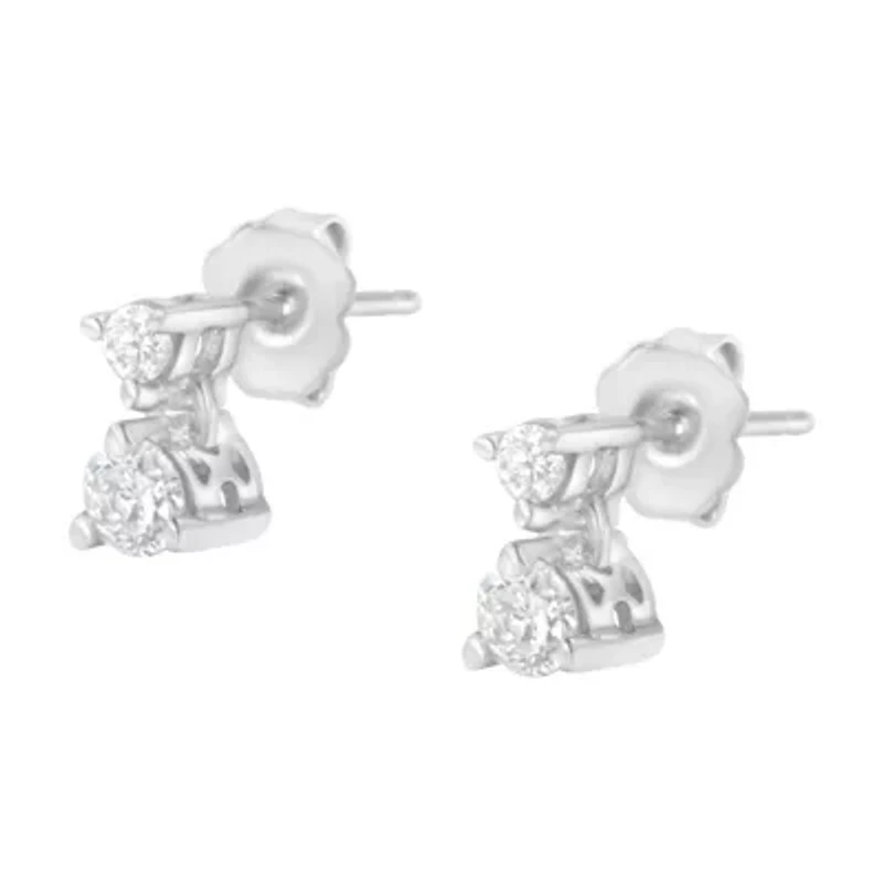 14KT White Gold 1/2 Ct Double Diamond Dangle Stud Earrings