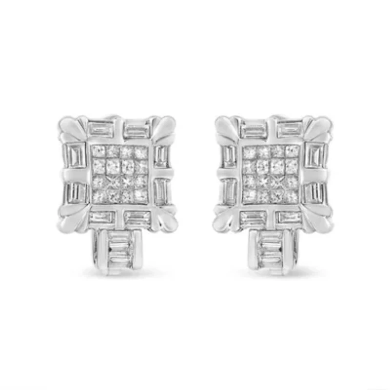 14K White Gold 1.0 Cttw Diamond Huggie Hoop Omega Earrings