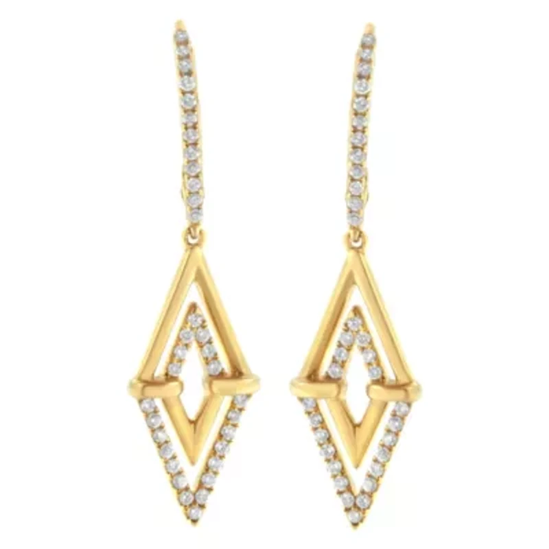 14K Yellow Gold 3/8 Ct Double Triangle Drop and Dangle Diamond Earrings