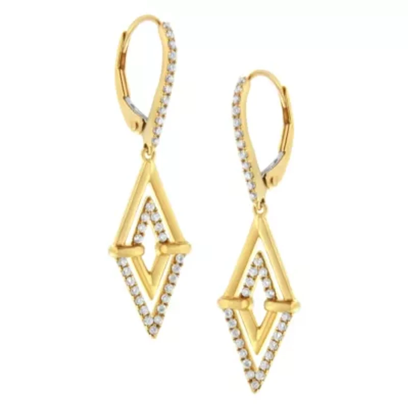 14K Yellow Gold 3/8 Ct Double Triangle Drop and Dangle Diamond Earrings