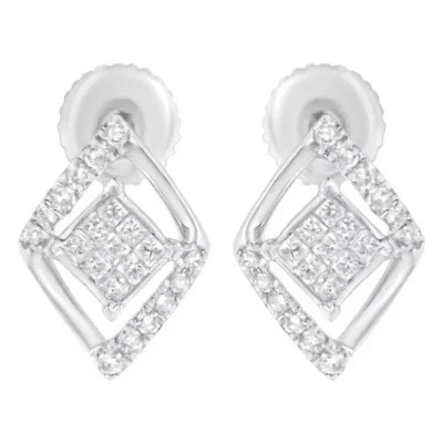 10K White Gold 1/3 Ct Princess Double Triangle Composite Stud Earrings