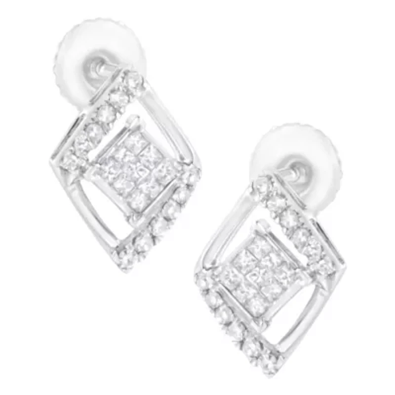 10K White Gold 1/3 Ct Princess Double Triangle Composite Stud Earrings
