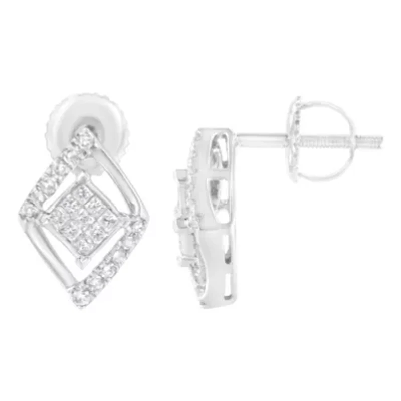 10K White Gold 1/3 Ct Princess Double Triangle Composite Stud Earrings