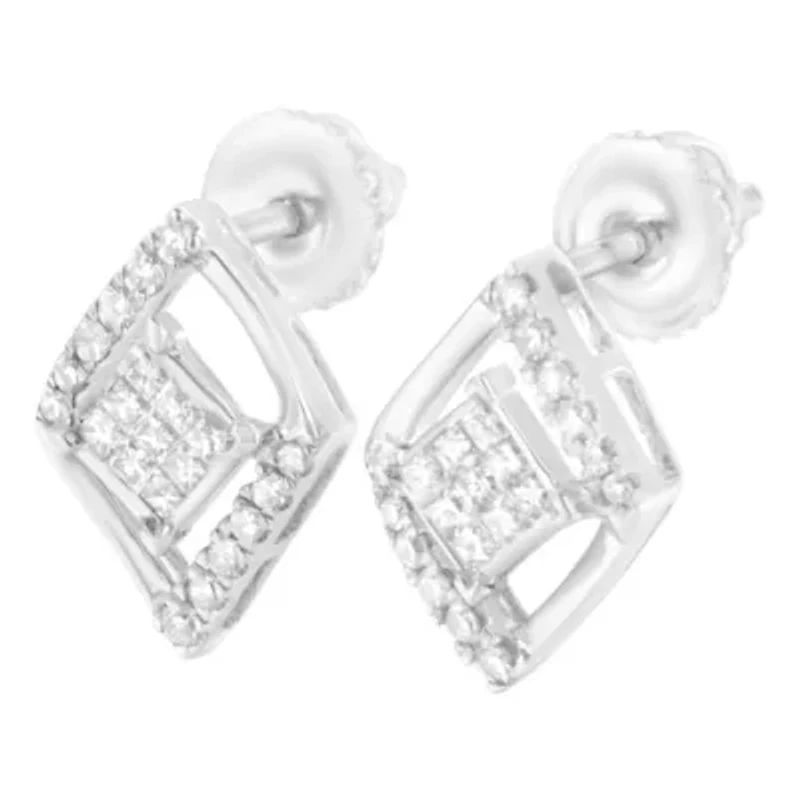 10K White Gold 1/3 Ct Princess Double Triangle Composite Stud Earrings
