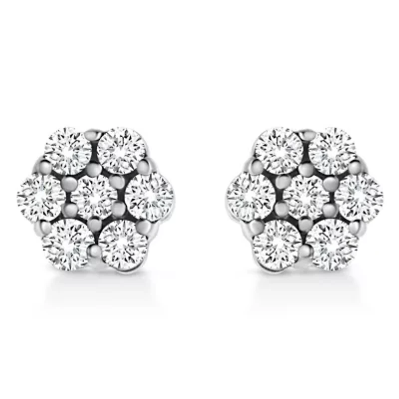 14K White Gold 1/2 Ct Prong RoundDiamond Flower Stud Earring