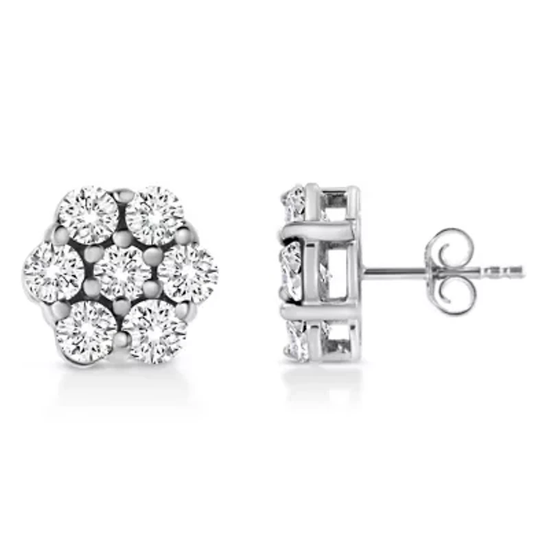 14K White Gold 1/2 Ct Prong RoundDiamond Flower Stud Earring