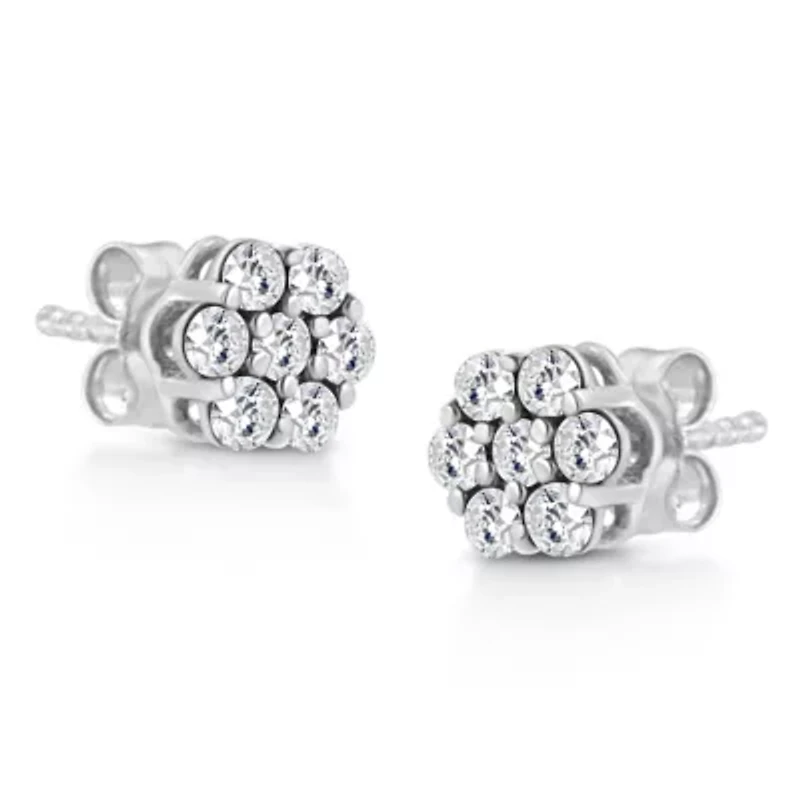 14K White Gold 1/2 Ct Prong RoundDiamond Flower Stud Earring