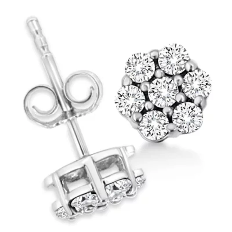 14K White Gold 1/2 Ct Prong RoundDiamond Flower Stud Earring