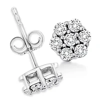 14K White Gold 1/2 Ct Prong RoundDiamond Flower Stud Earring