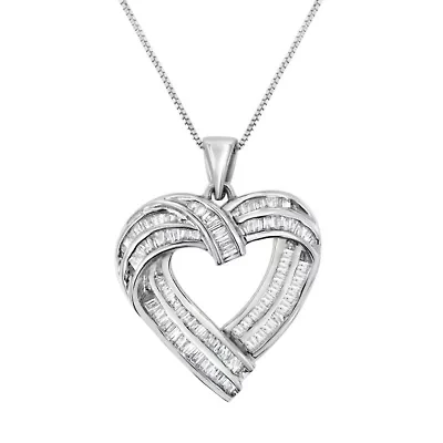 Sterling Silver 7/8 cttw Baguette Diamond Heart Pendant Necklace