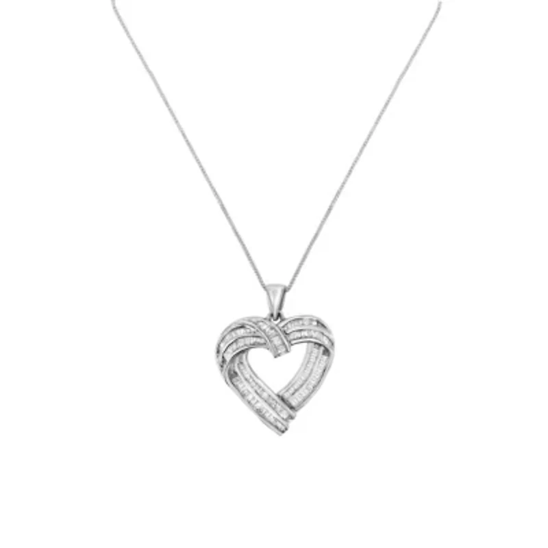 Sterling Silver 7/8 cttw Baguette Diamond Heart Pendant Necklace