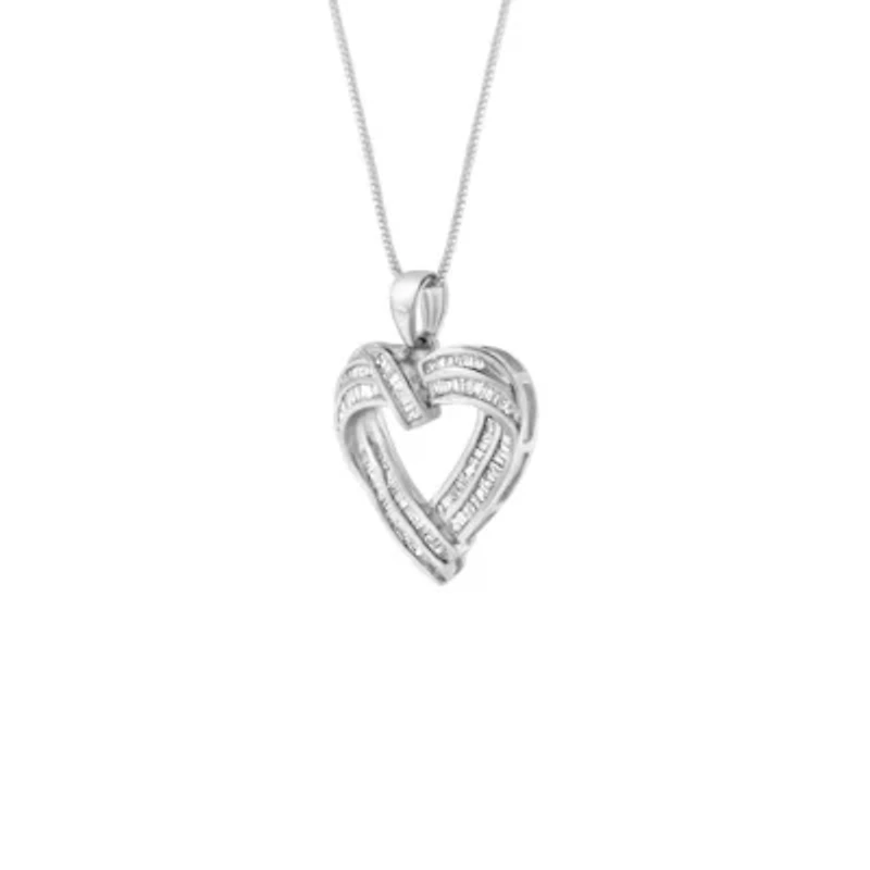 Sterling Silver 7/8 cttw Baguette Diamond Heart Pendant Necklace