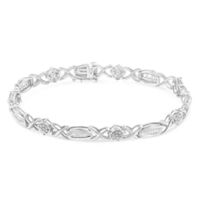 Silver 1.0 Cttw Round-Cut and Baguette-Cut Diamond X-Link Bracelet - 7"