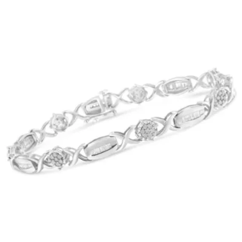 Silver 1.0 Cttw Round-Cut and Baguette-Cut Diamond X-Link Bracelet - 7"