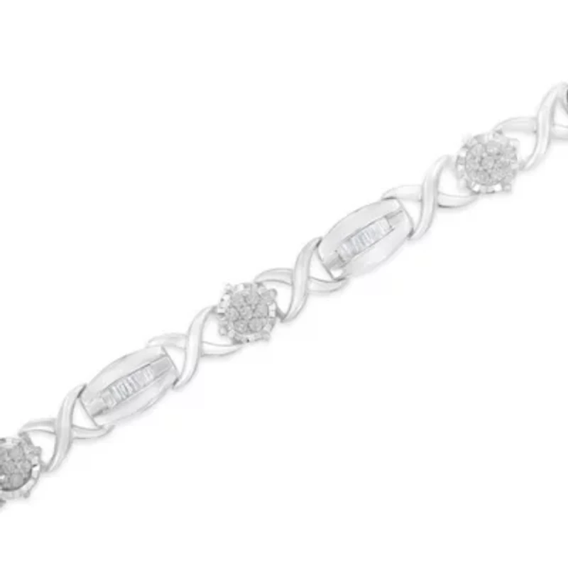 Silver 1.0 Cttw Round-Cut and Baguette-Cut Diamond X-Link Bracelet - 7"