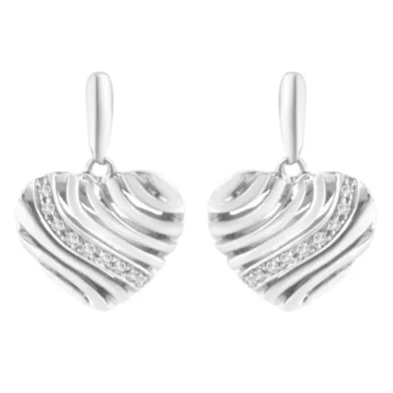 Sterling Silver Heart Diamond Accent Puff Earrings