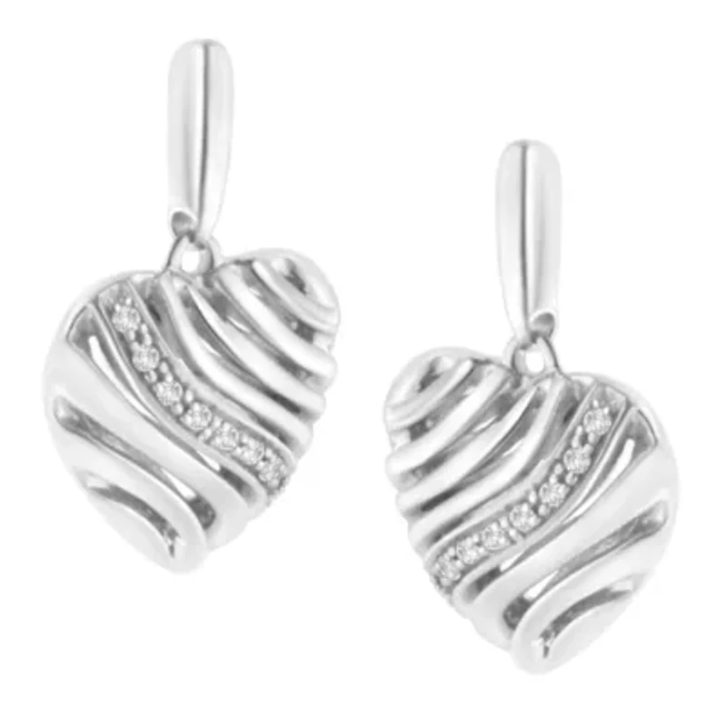 Sterling Silver Heart Diamond Accent Puff Earrings