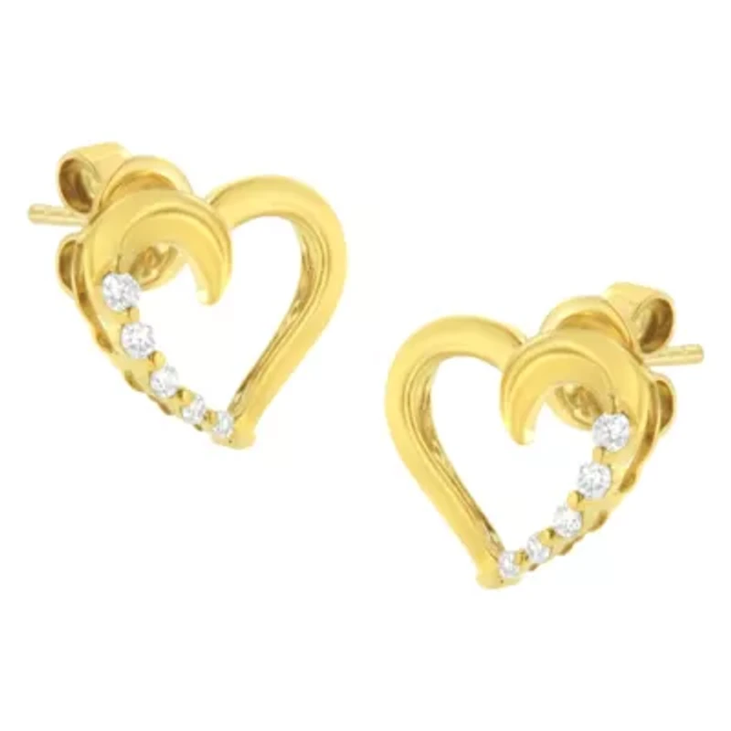 14K Yellow Gold 1/8 Ct Diamond Journey Heart Hoop Earrings