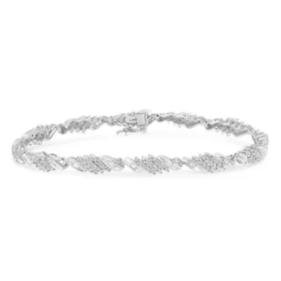 Silver 1-1/2 Cttw Round and Baguette Cut Diamond Wave Link Bracelet - 7"