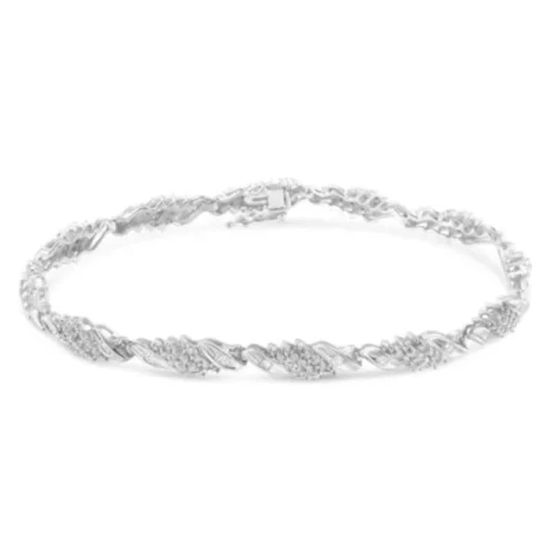 Silver 1-1/2 Cttw Round and Baguette Cut Diamond Wave Link Bracelet - 7"