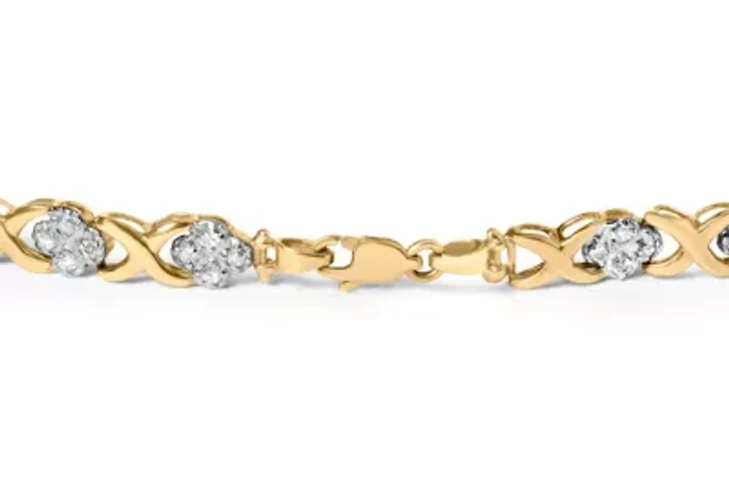 10K Yellow Gold over Silver 1.0 Cttw Diamond Cluster X Link Tennis Link Bracelet