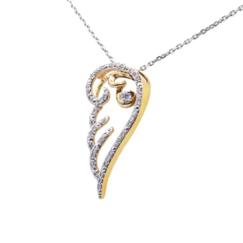 10K Yellow Gold over Silver 1/4 Cttw Diamond Angel Wing 18" Pendant Necklace