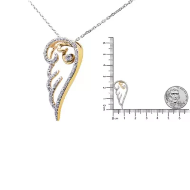 10K Yellow Gold over Silver 1/4 Cttw Diamond Angel Wing 18" Pendant Necklace