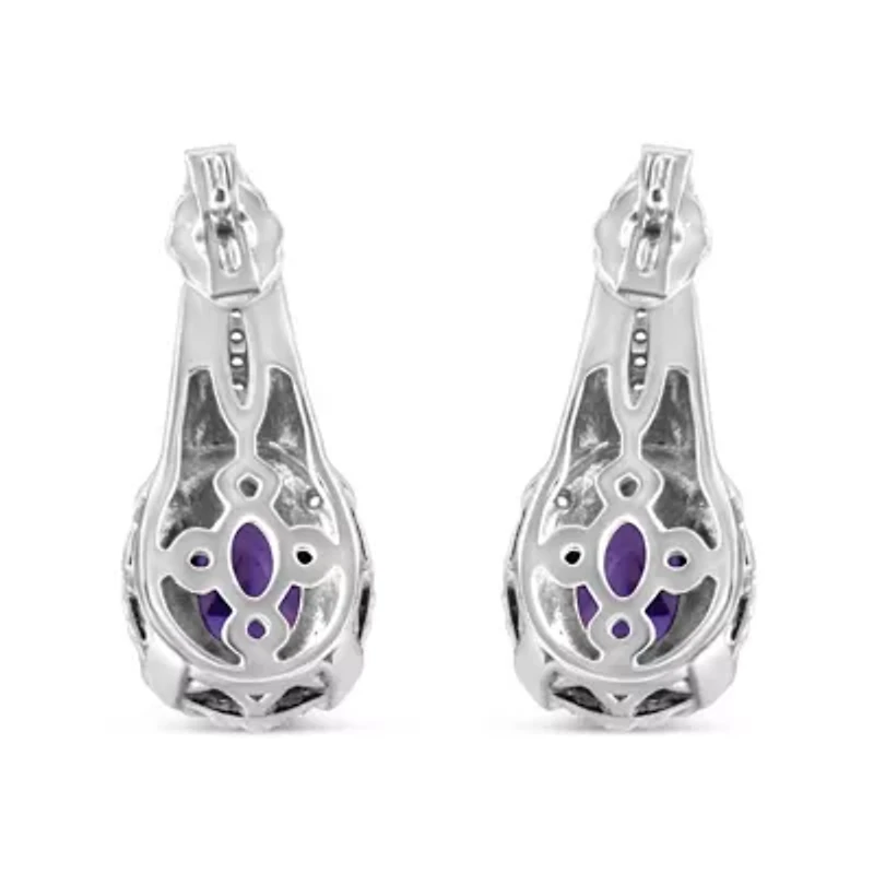 Silver Purple Amethyst and Diamond Accent Art Deco Style Dangle Earrings