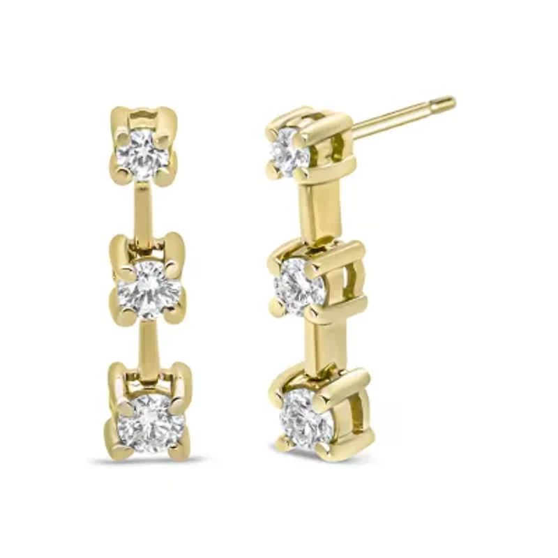 14K Gold Round Diamond 3 Stone Stud Earrings