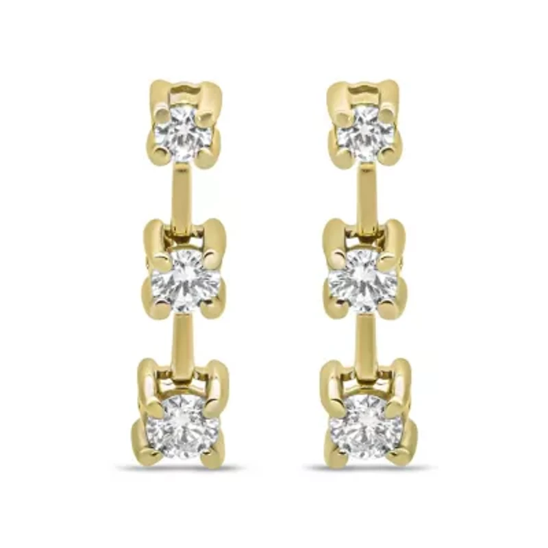 14K Gold Round Diamond 3 Stone Stud Earrings