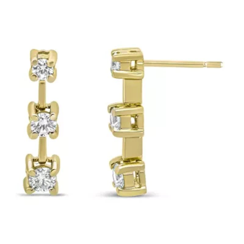 14K Gold Round Diamond 3 Stone Stud Earrings