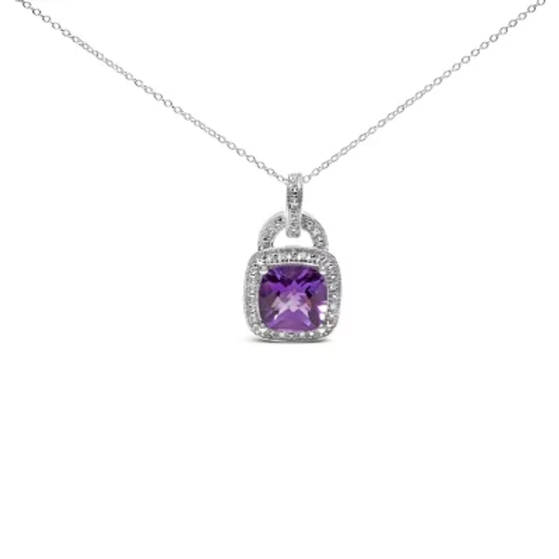 Silver 10X10 MM Cushion Purple Amethyst and Diamond Accent Halo 18" Pendant Necklace