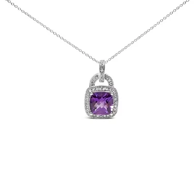 Silver 10X10 MM Cushion Purple Amethyst and Diamond Accent Halo 18" Pendant Necklace
