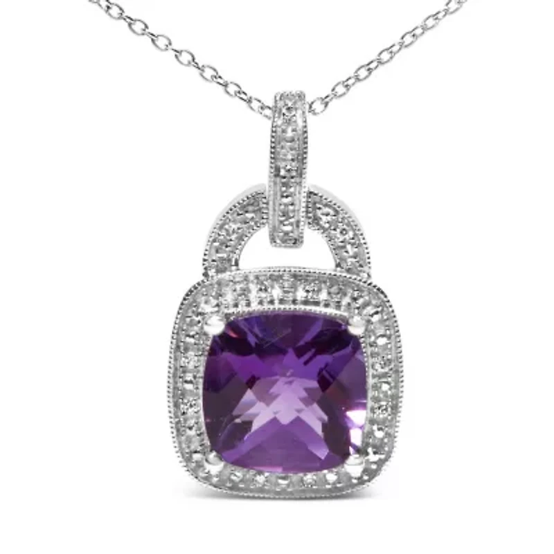 Silver 10X10 MM Cushion Purple Amethyst and Diamond Accent Halo 18" Pendant Necklace