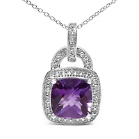 Silver 10X10 MM Cushion Purple Amethyst and Diamond Accent Halo 18" Pendant Necklace