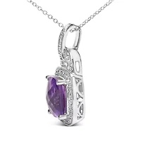 Silver 10X10 MM Cushion Purple Amethyst and Diamond Accent Halo 18" Pendant Necklace