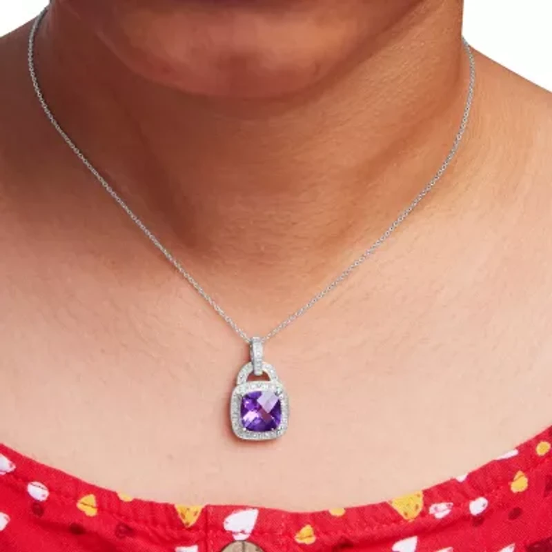 Silver 10X10 MM Cushion Purple Amethyst and Diamond Accent Halo 18" Pendant Necklace