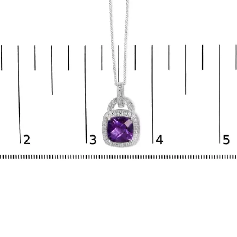 Silver 10X10 MM Cushion Purple Amethyst and Diamond Accent Halo 18" Pendant Necklace