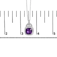 Silver 10X10 MM Cushion Purple Amethyst and Diamond Accent Halo 18" Pendant Necklace