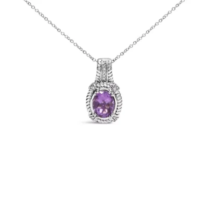 Silver 9x7mm Oval Purple Amethyst and Diamond Accent Fashion Drop Pendant Necklace