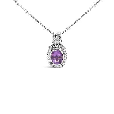 Silver 9x7mm Oval Purple Amethyst and Diamond Accent Fashion Drop Pendant Necklace