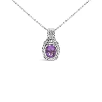 Silver 9x7mm Oval Purple Amethyst and Diamond Accent Fashion Drop Pendant Necklace
