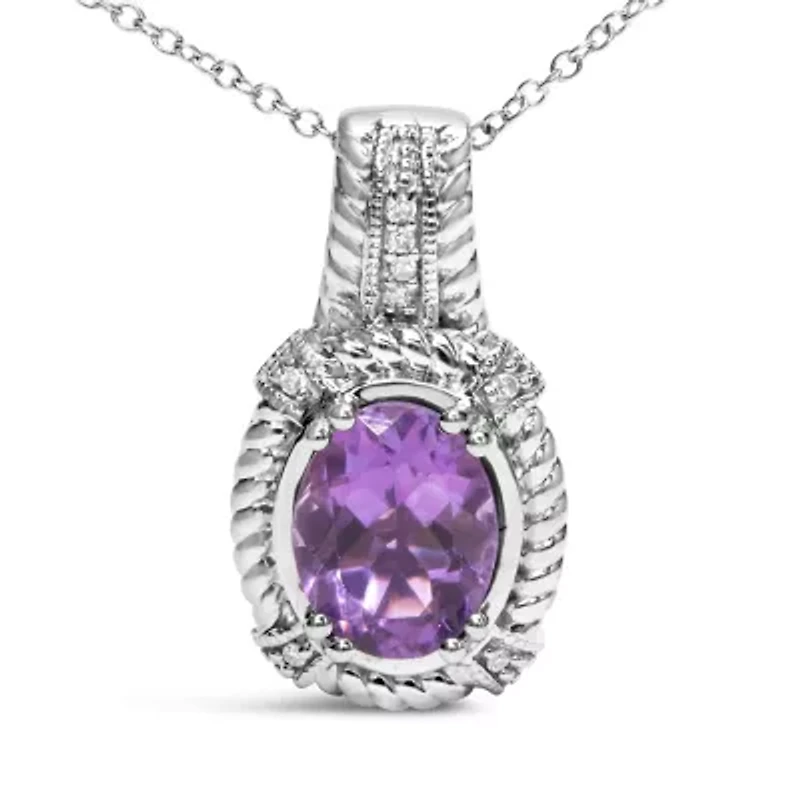 Silver 9x7mm Oval Purple Amethyst and Diamond Accent Fashion Drop Pendant Necklace