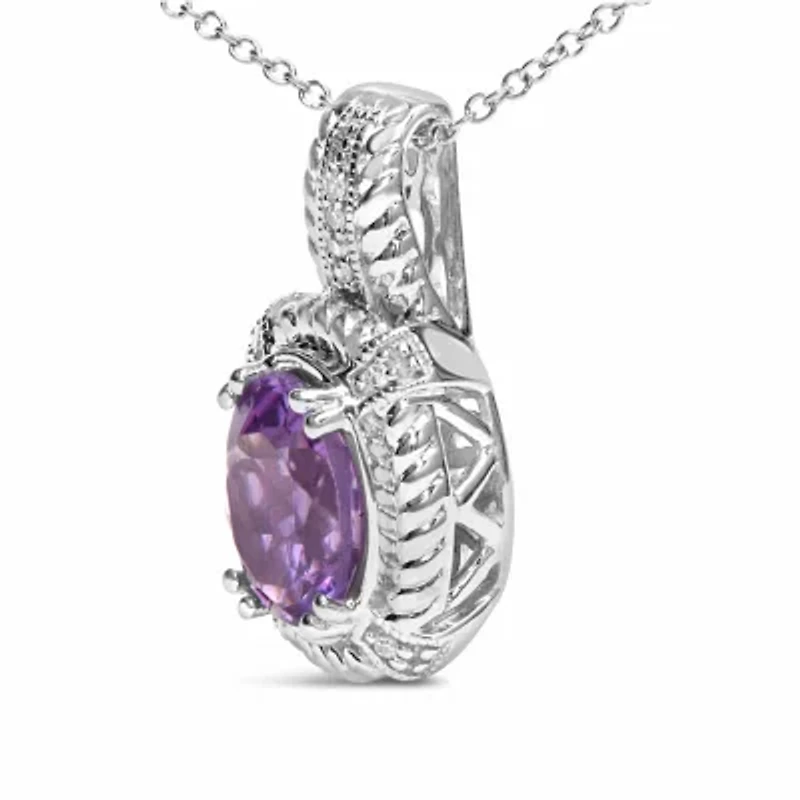 Silver 9x7mm Oval Purple Amethyst and Diamond Accent Fashion Drop Pendant Necklace