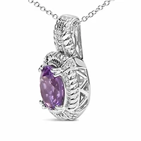 Silver 9x7mm Oval Purple Amethyst and Diamond Accent Fashion Drop Pendant Necklace