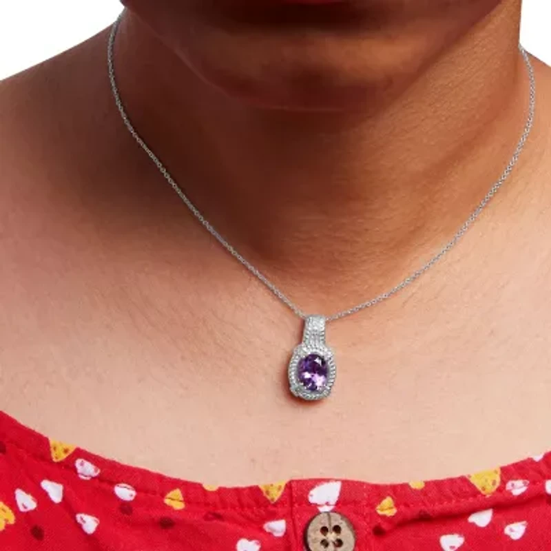 Silver 9x7mm Oval Purple Amethyst and Diamond Accent Fashion Drop Pendant Necklace