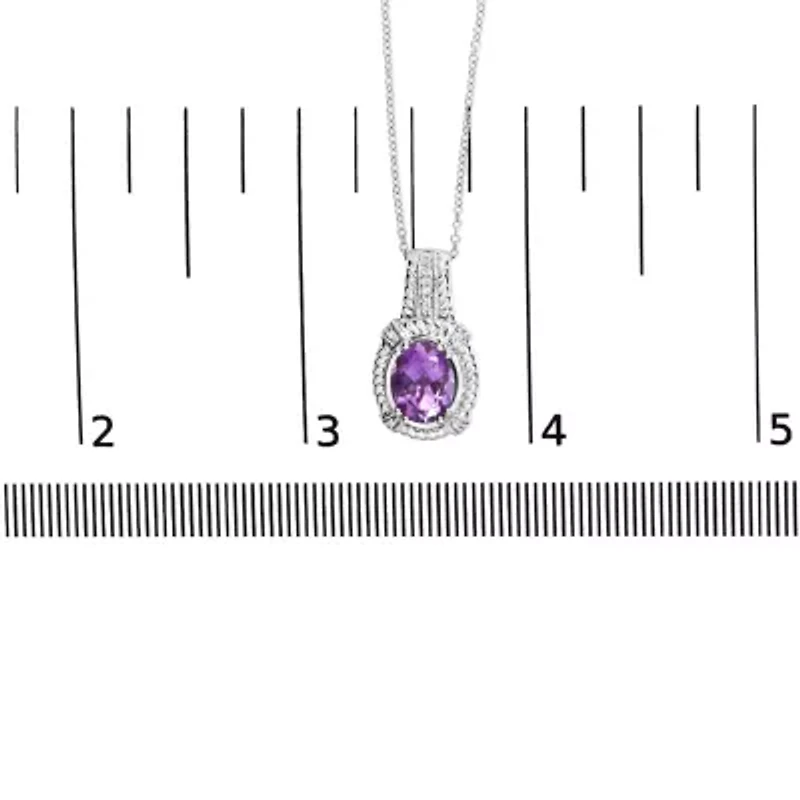 Silver 9x7mm Oval Purple Amethyst and Diamond Accent Fashion Drop Pendant Necklace